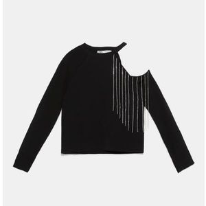 NWT Zara Cut Out Knit Sweater with Rhinestone Fringe Size M Black